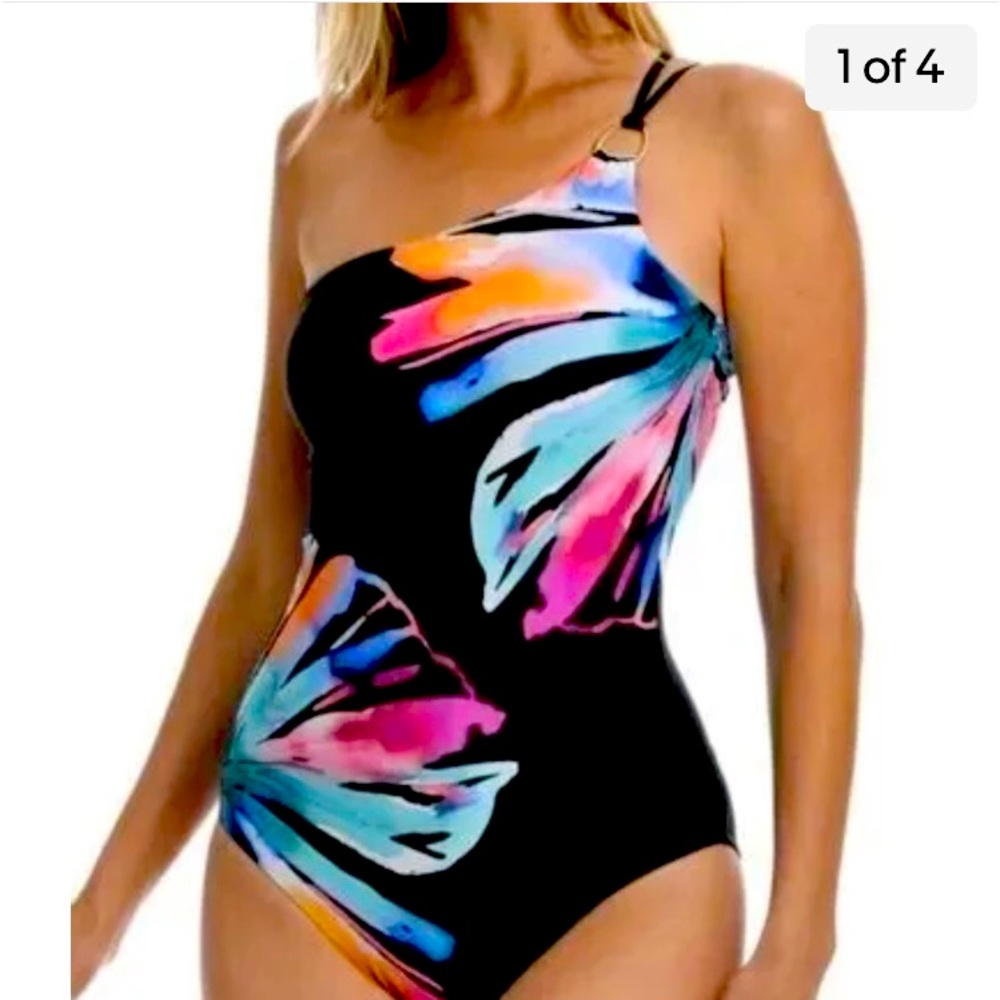 La Blanca prism palm one shoulder swimsuit, sz 16